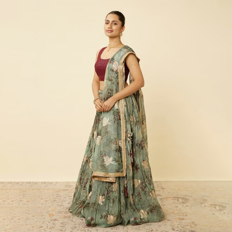 Sage Green Floral Printed Lehenga